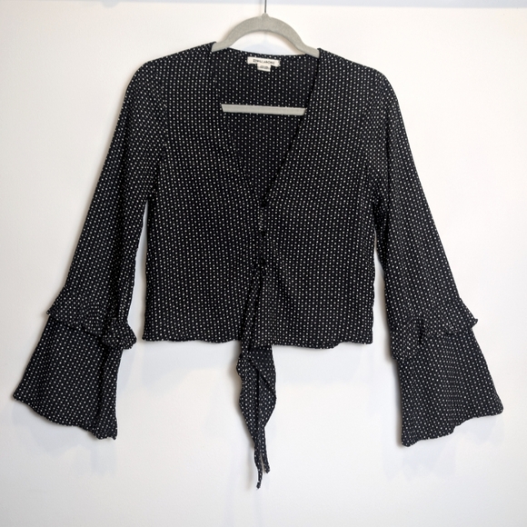Billabong Black White Polka Dot Daisy Duke Tie Front Bell Sleeve Shirt Medium - Picture 2 of 9